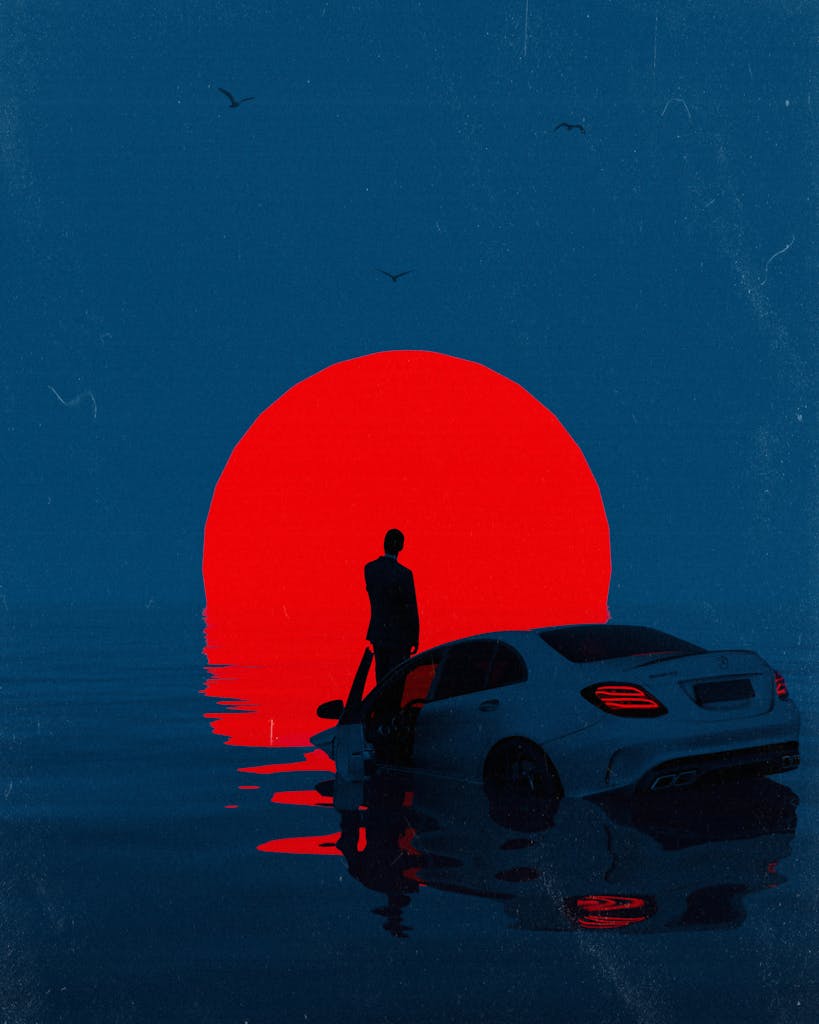 Collage Image of Man Standing on a Sinking Car Against the Sun Setting into the Sea